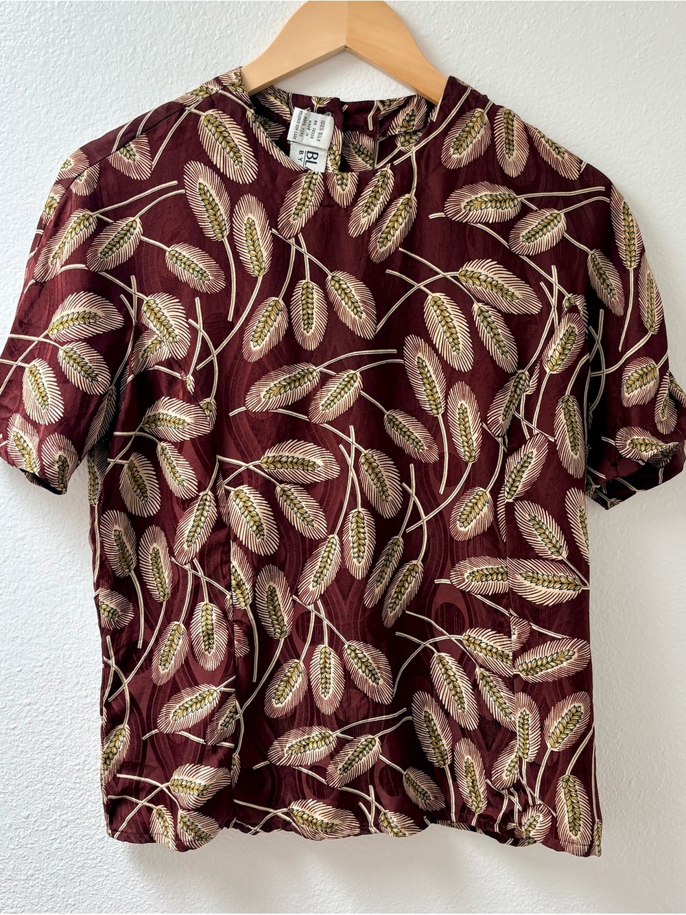 Vintage Blassport Silk Brown Botanical Short Sleeve Blouse